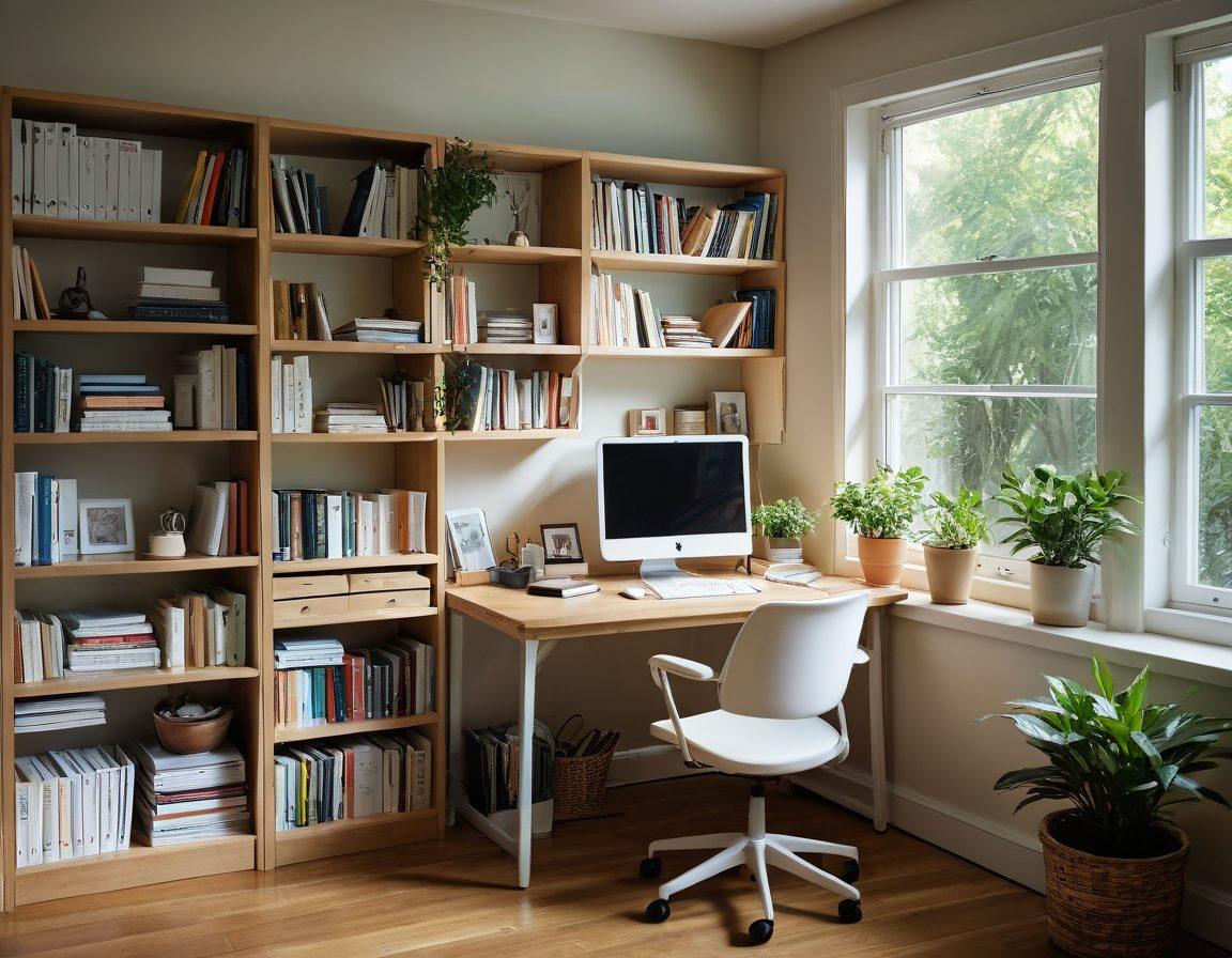 A serene workspace with organized shelves filled with neatly categorized books and colorful folders, a computer screen displaying a visual representation of organized links, and a peaceful window view of a calm garden outside. Soft sunlight streams in, illuminating a cozy chair where a person is thoughtfully categorizing notes. Display elements symbolizing order amidst chaos, like boxes or connecting lines. super-realistic. vibrant colors. calming atmosphere.