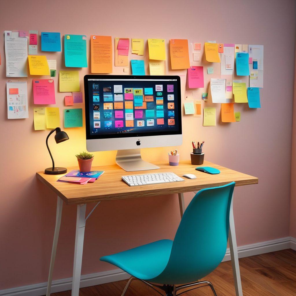 An imaginative workspace featuring a variety of digital bookmarks organized neatly on a sleek computer screen. Include vibrant sticky notes and color-coded folders surrounding the workspace, demonstrating a seamless digital link experience. A warm and inviting atmosphere with soft lighting and a cozy chair. Elements of technology blended with creativity, like floating icons of links and folders. vibrant colors. 3D.
