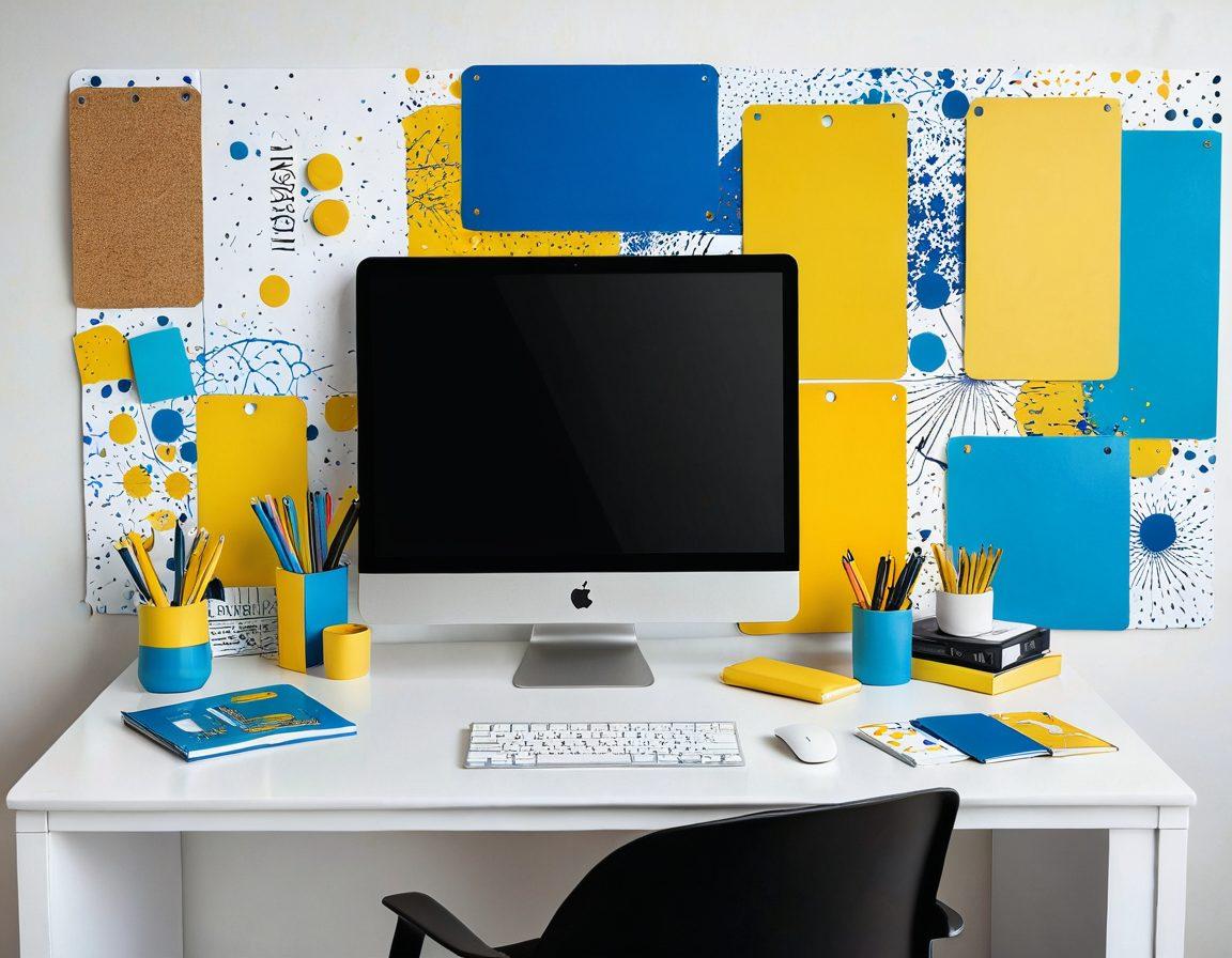 A visually captivating workspace featuring an array of colorful bookmarks pinned to a corkboard, with a digital device displaying a link management app. Include electric blue and vibrant yellow colors for an engaging feel, and an inspiring quote about organization. The setting should be bright and modern, with a hint of creativity like paint splatters or doodles around the bookmarks. vector art. vibrant colors. subtle white background.